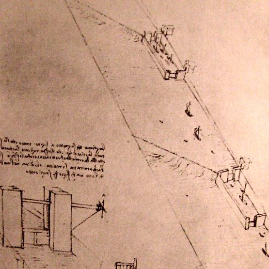 A drawing of river boat locks by Leonardo DaVinci, circa 1500.